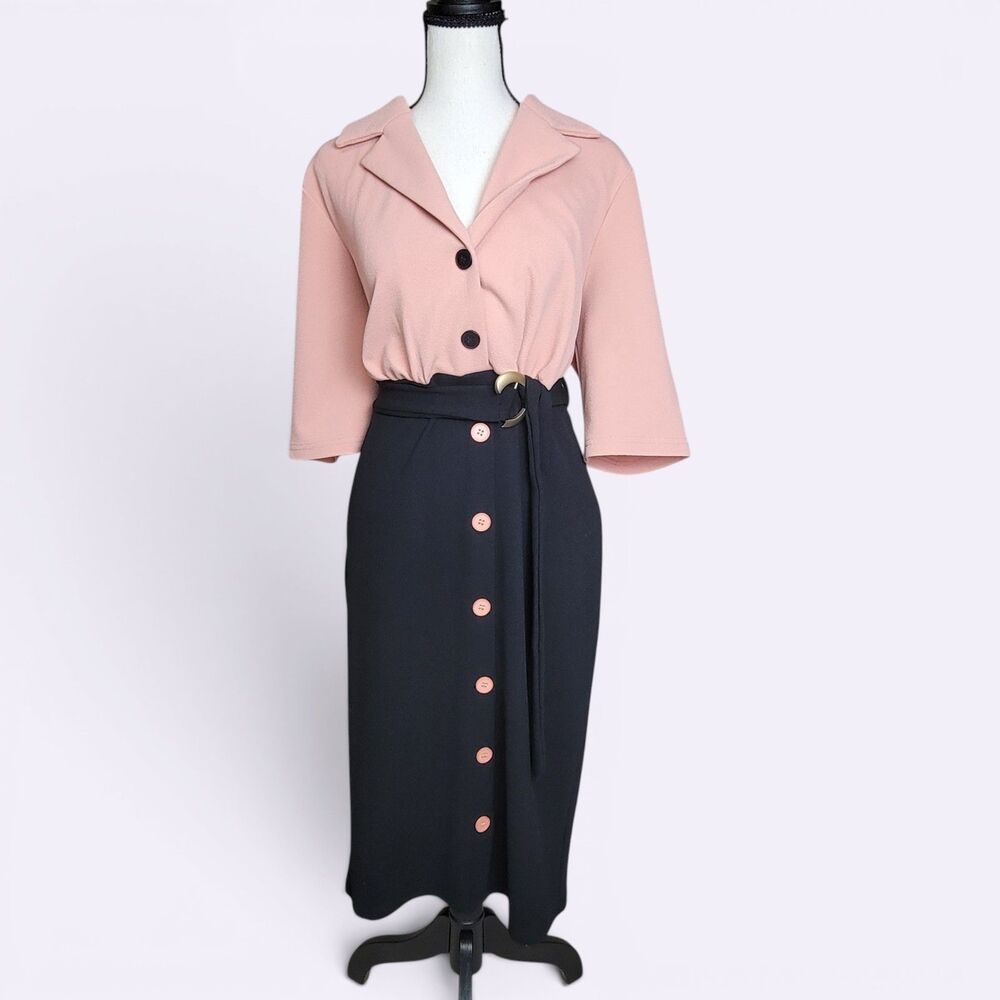 Emery Rose 1XL Pink Black Colorblock Dress Belted Button Front Retro Vintage